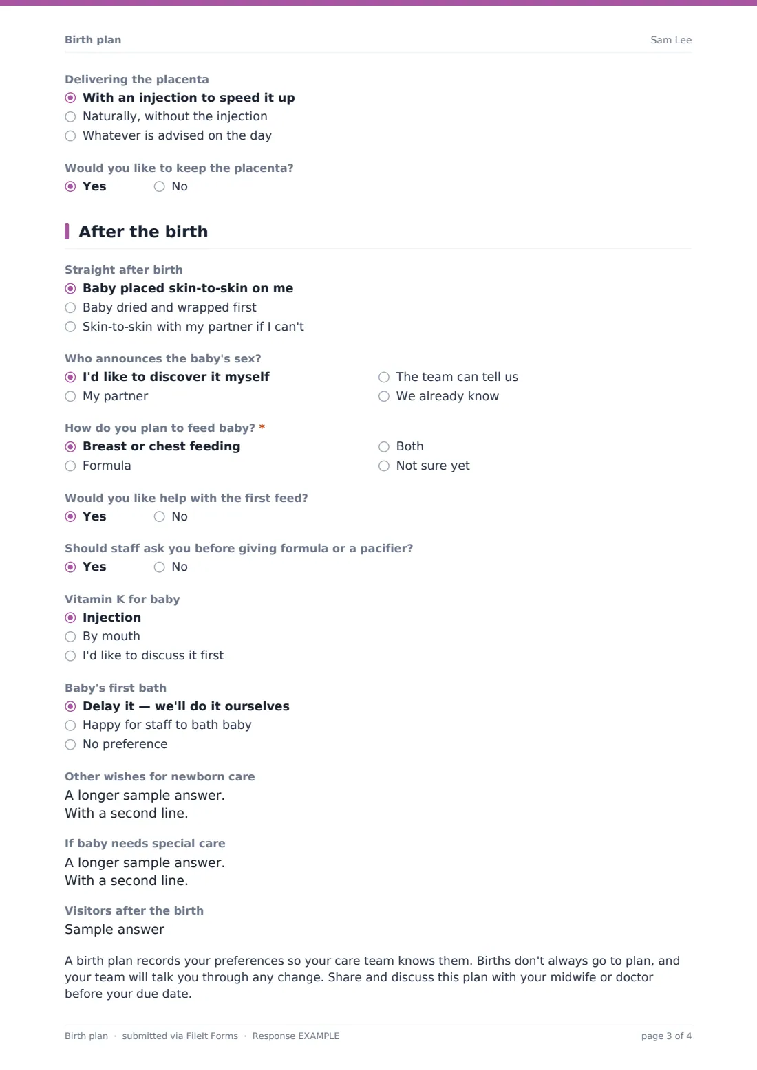Birth plan — example response PDF, page 3 of 4