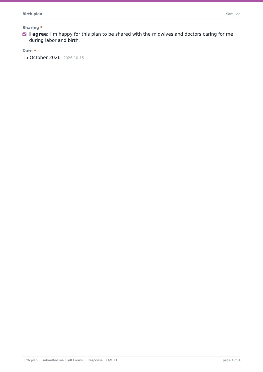 Birth plan — example response PDF, page 4 of 4