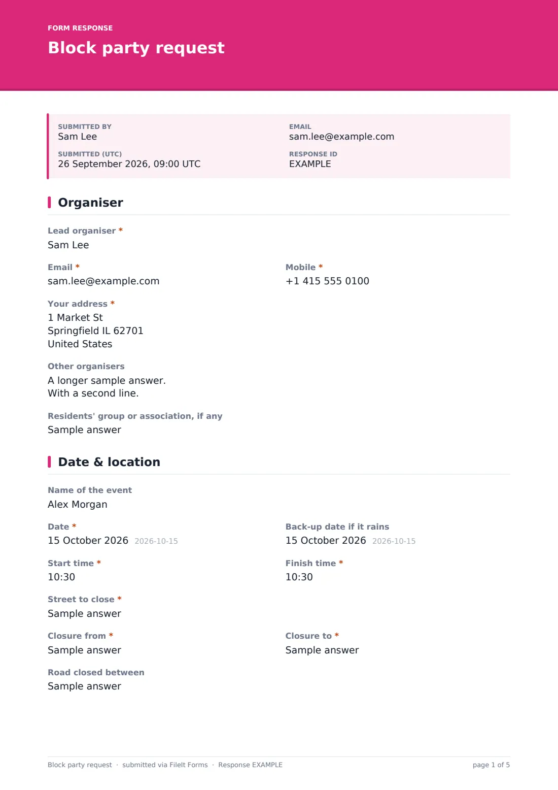 Block party request — example response PDF, page 1 of 5