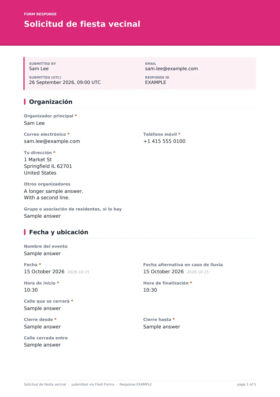 Solicitud de fiesta vecinal — PDF de respuesta de ejemplo, página 1 de 5