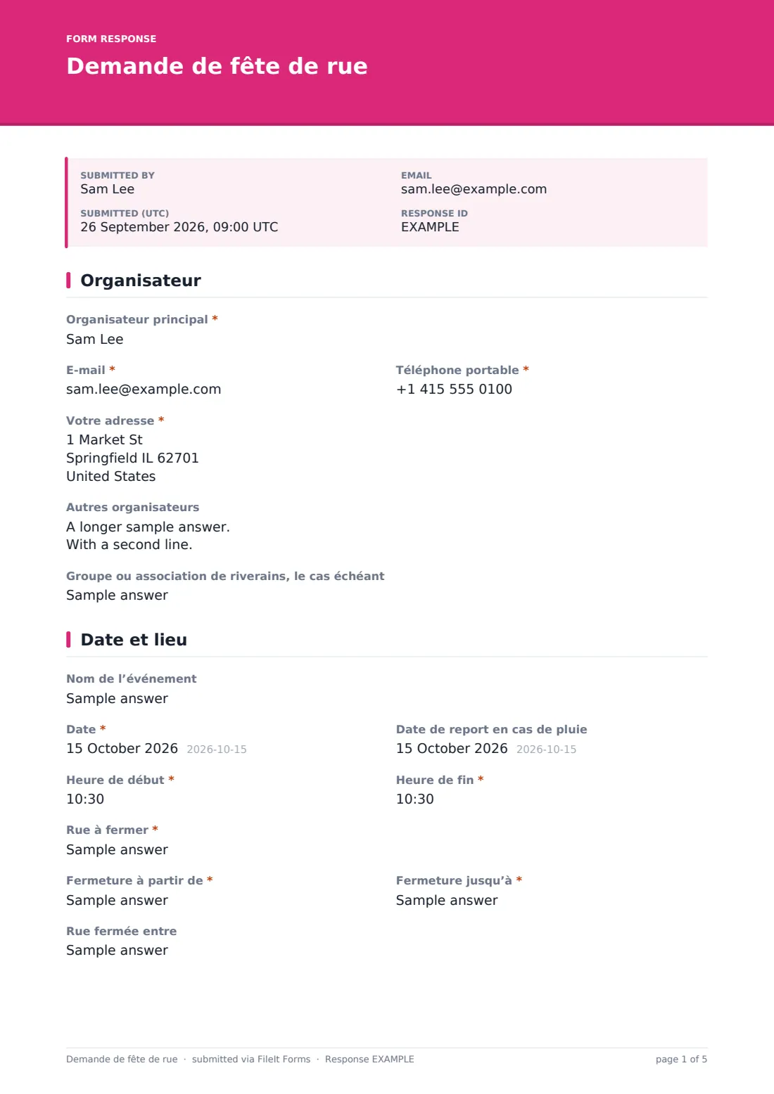 Demande de fête de rue — exemple de réponse au format PDF, page 1 sur 5