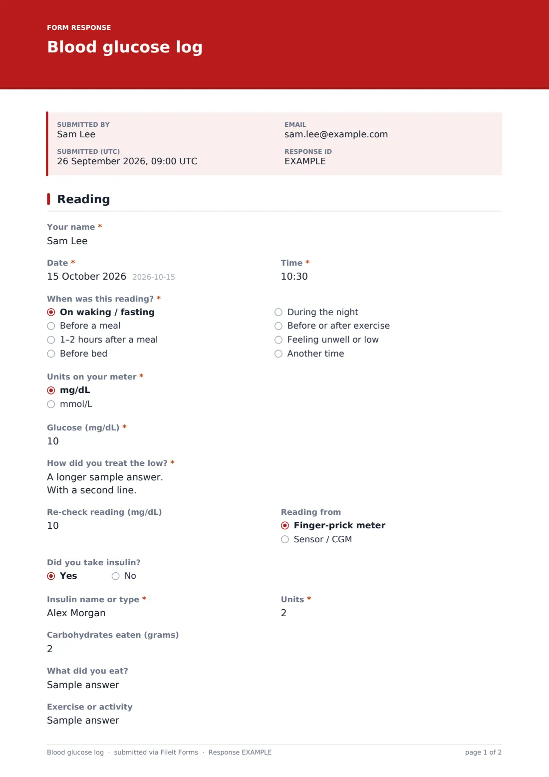 Blood glucose log — example response PDF, page 1 of 2