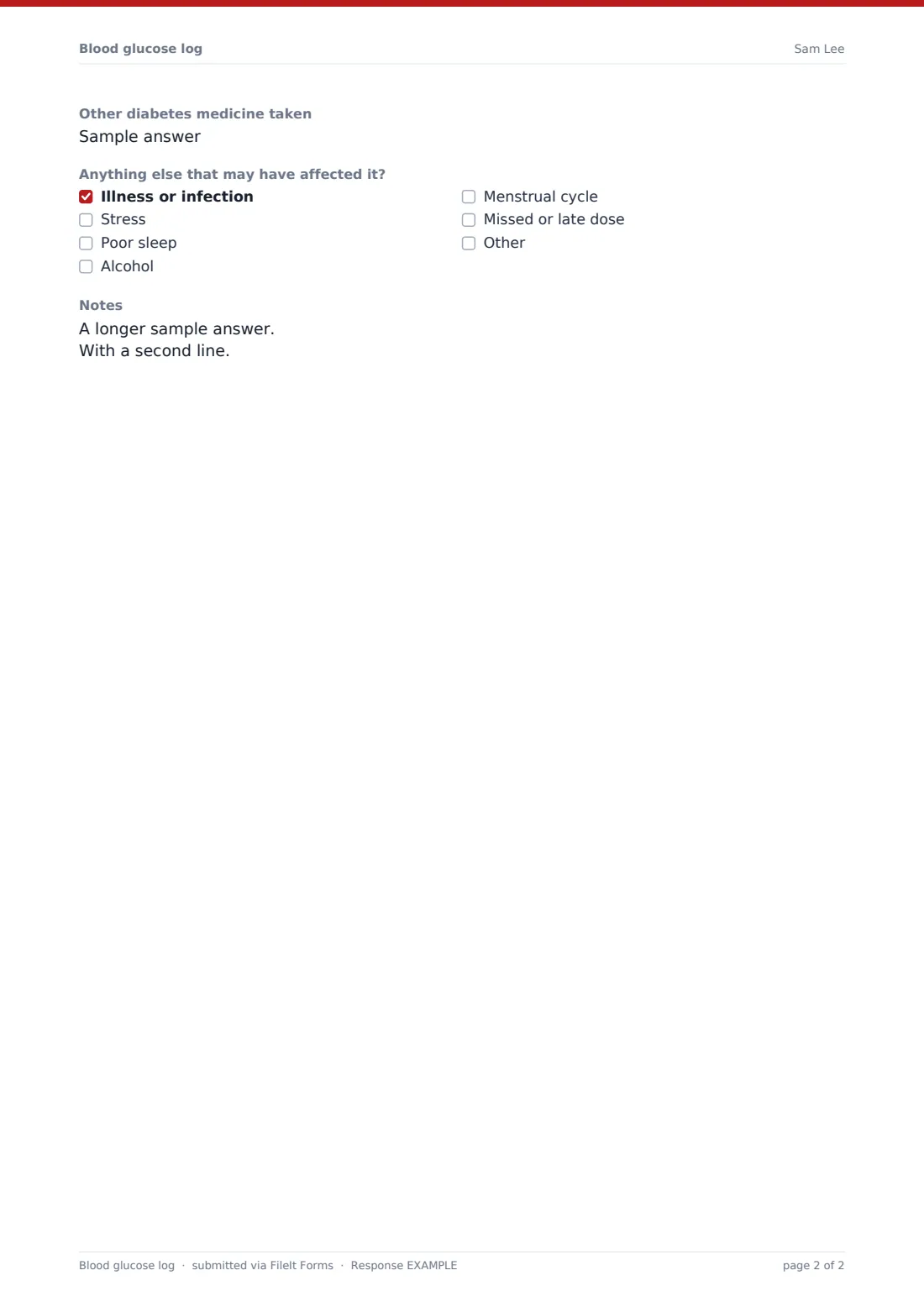 Blood glucose log — example response PDF, page 2 of 2