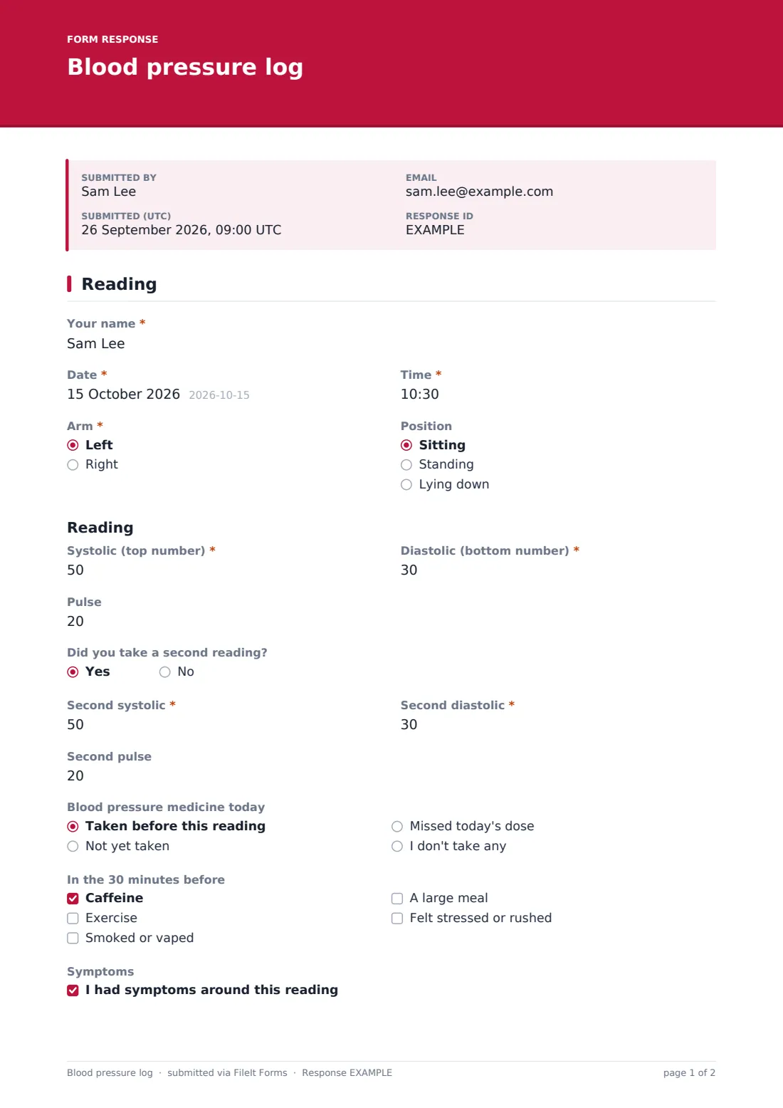 Blood pressure log — example response PDF, page 1 of 2