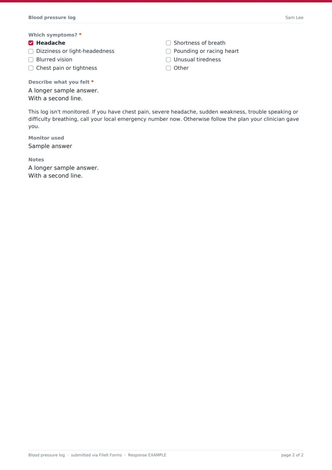 Blood pressure log — example response PDF, page 2 of 2