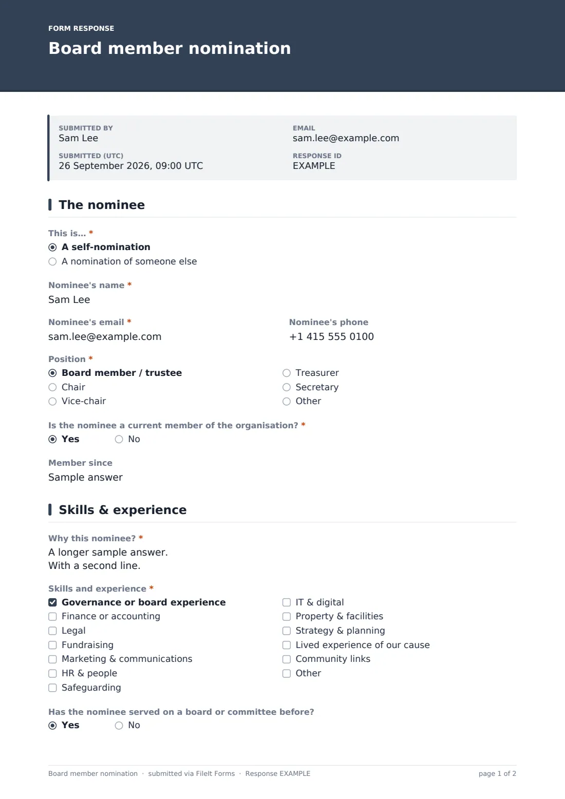 Board member nomination — example response PDF, page 1 of 2