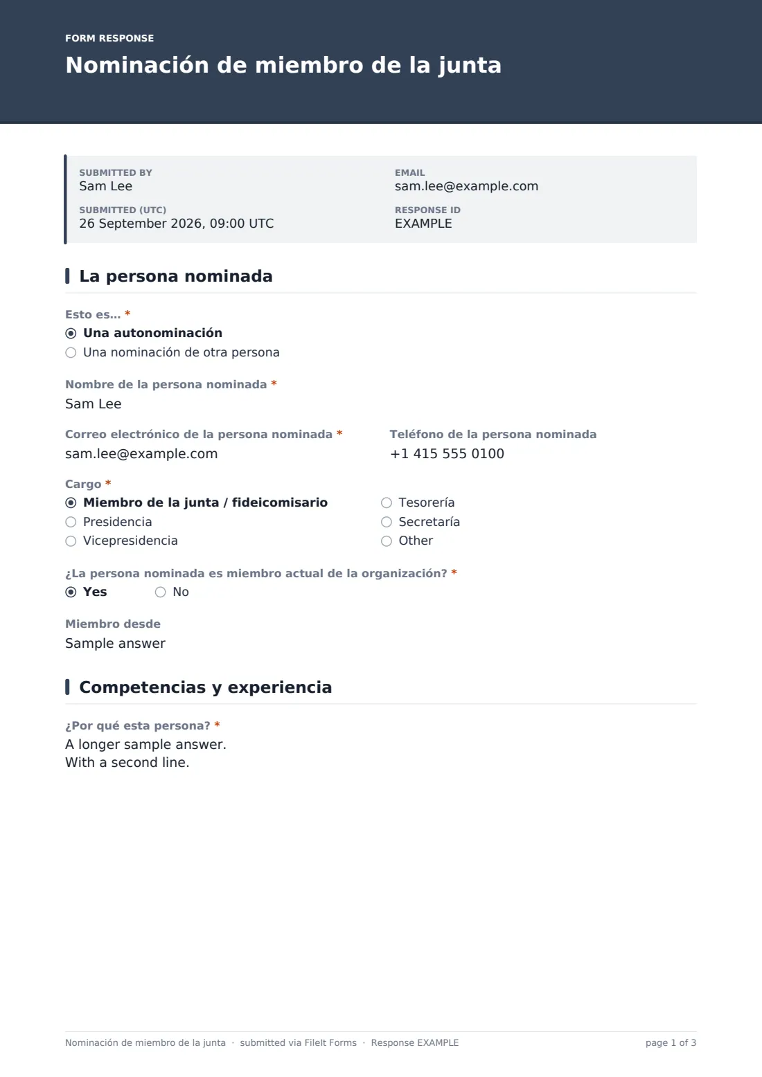Nominación de miembro de la junta — PDF de respuesta de ejemplo, página 1 de 3