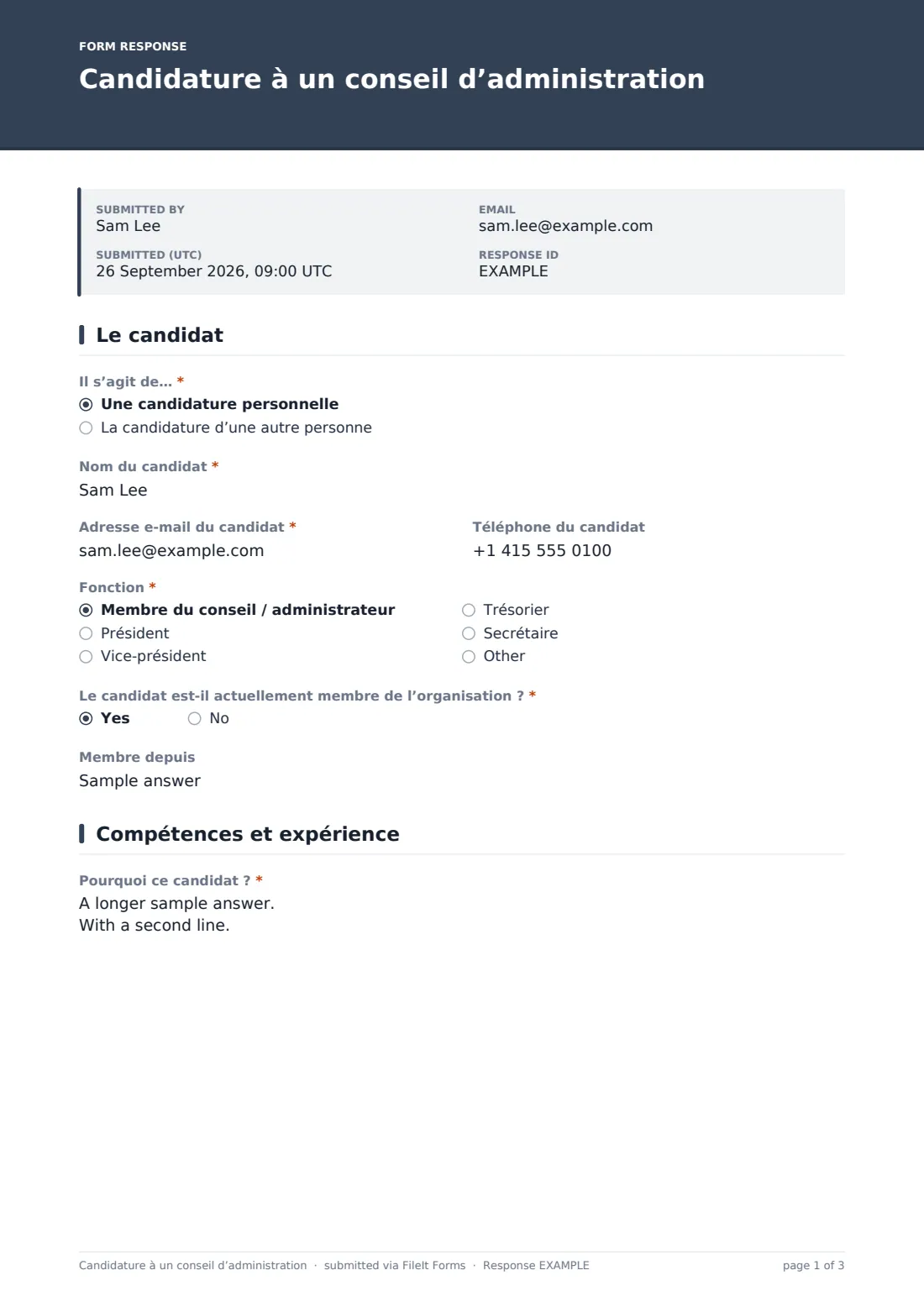 Candidature à un conseil d’administration — exemple de réponse au format PDF, page 1 sur 3