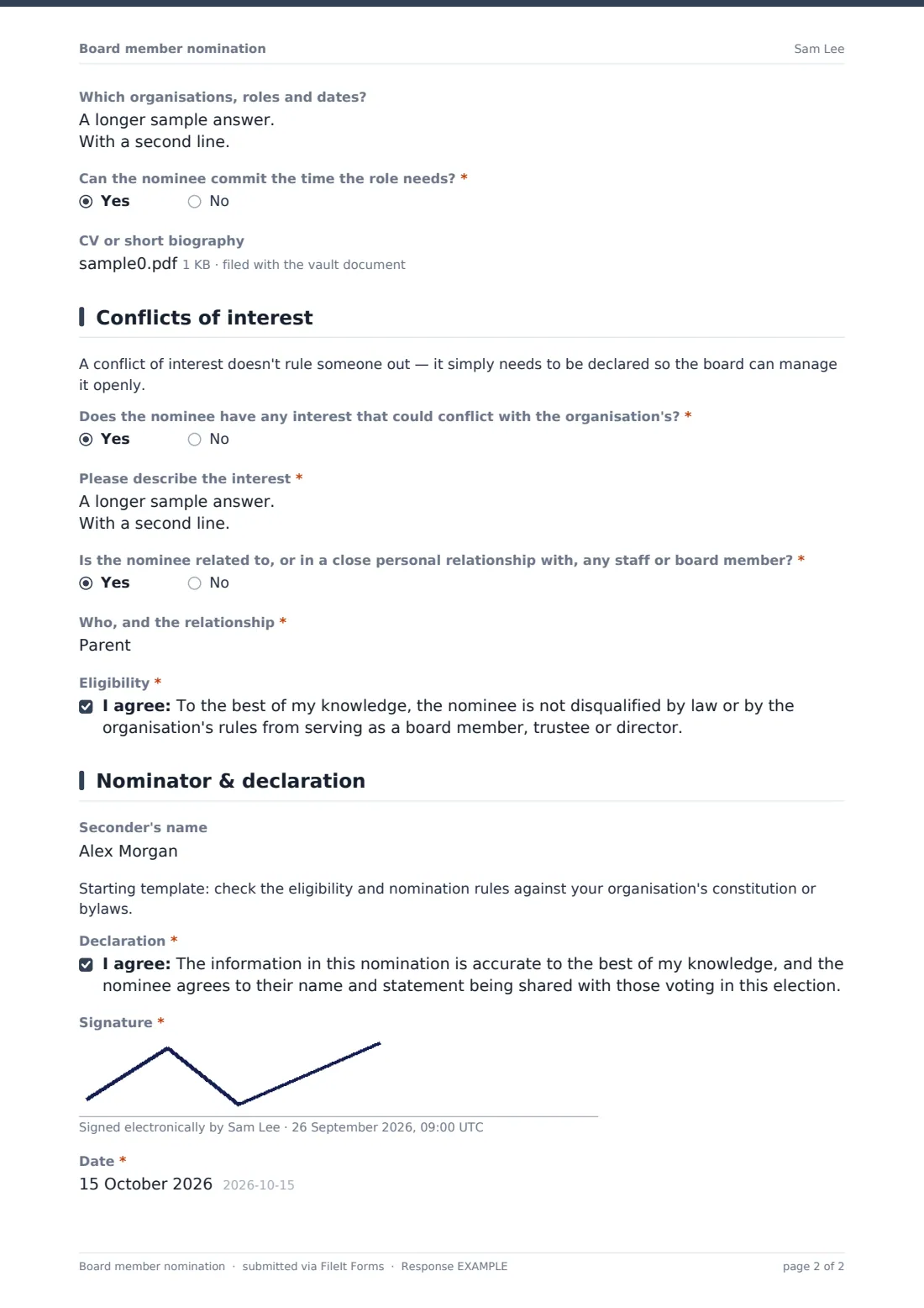 Board member nomination — example response PDF, page 2 of 2