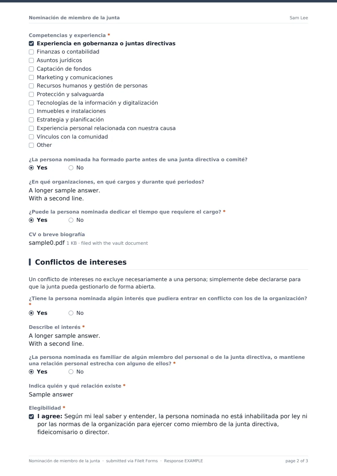 Nominación de miembro de la junta — PDF de respuesta de ejemplo, página 2 de 3