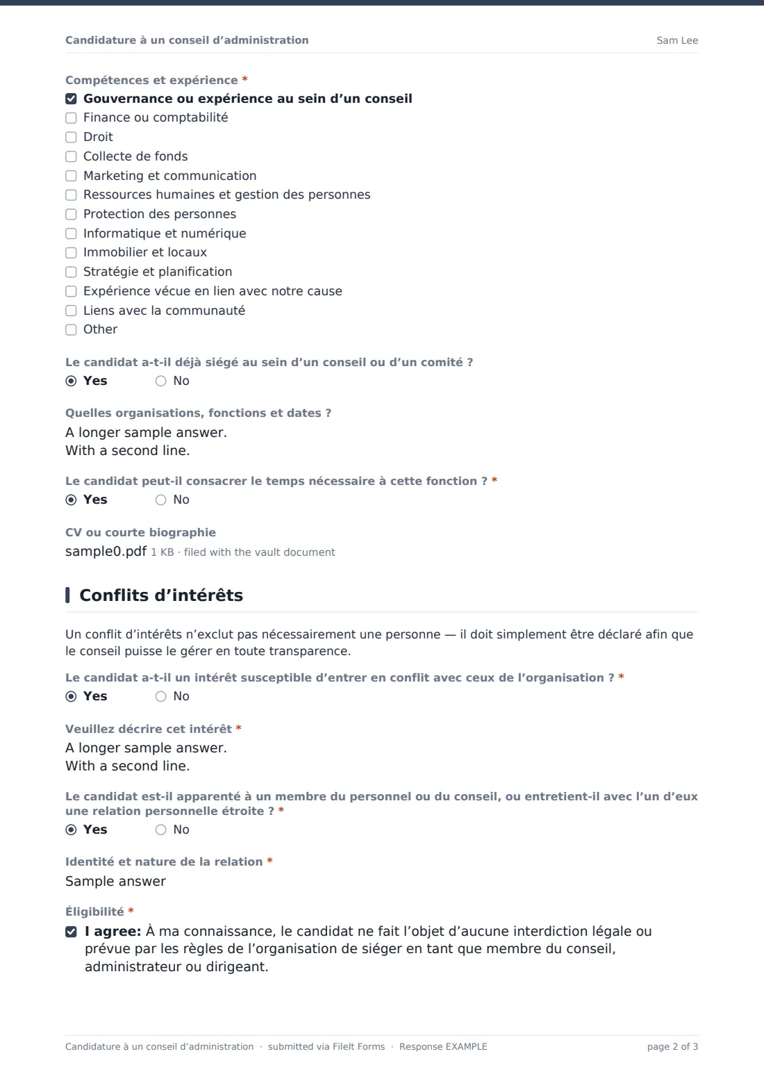 Candidature à un conseil d’administration — exemple de réponse au format PDF, page 2 sur 3