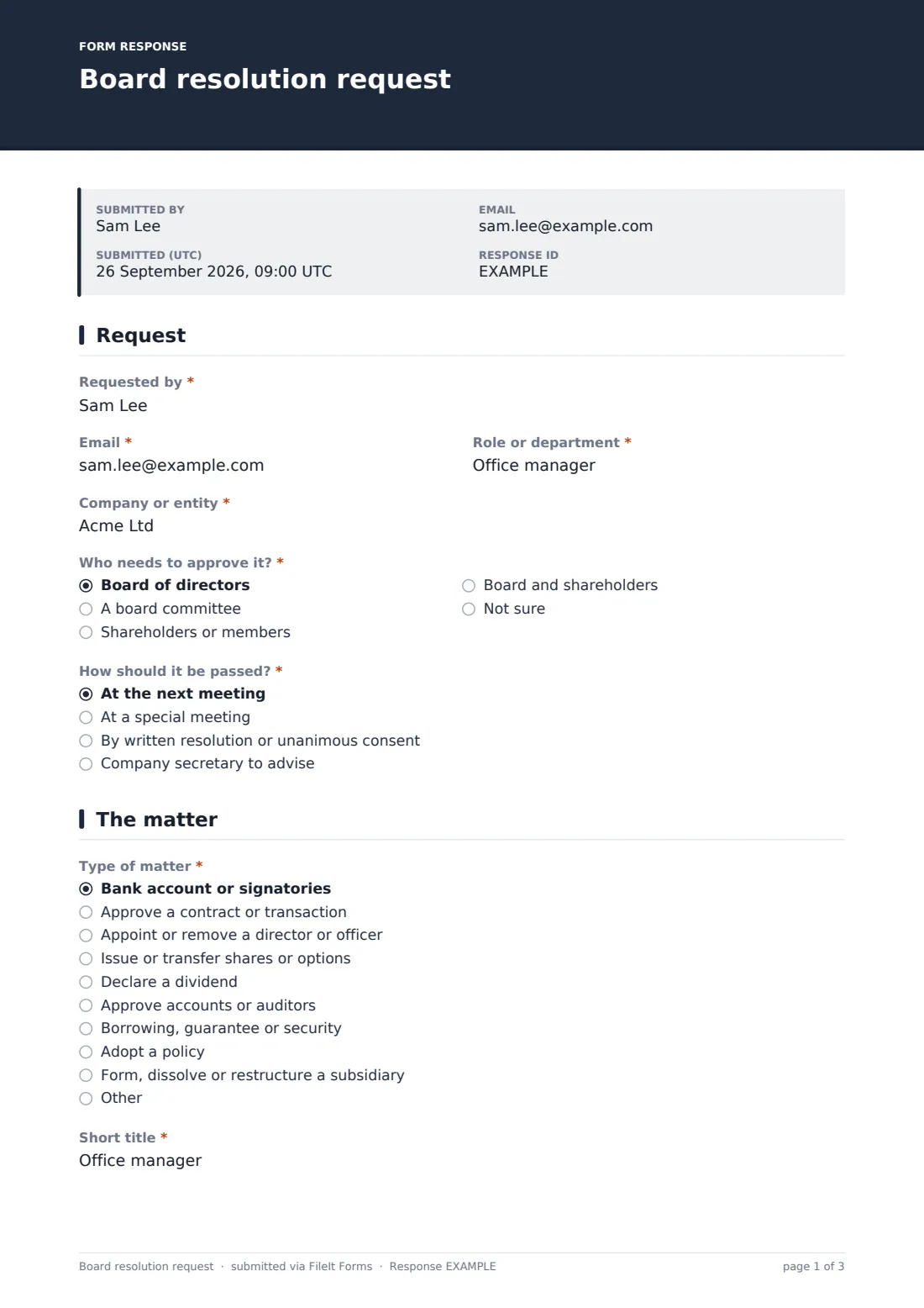 Board resolution request — example response PDF, page 1 of 3