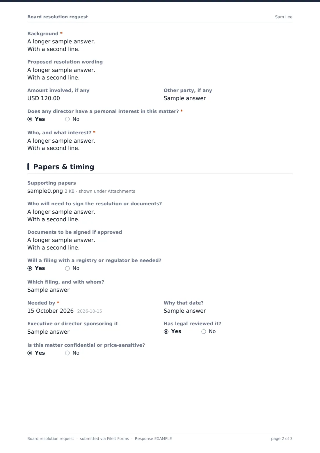 Board resolution request — example response PDF, page 2 of 3