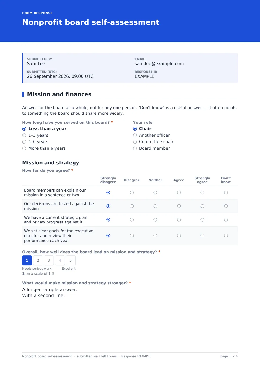 Nonprofit board self-assessment — example response PDF, page 1 of 4