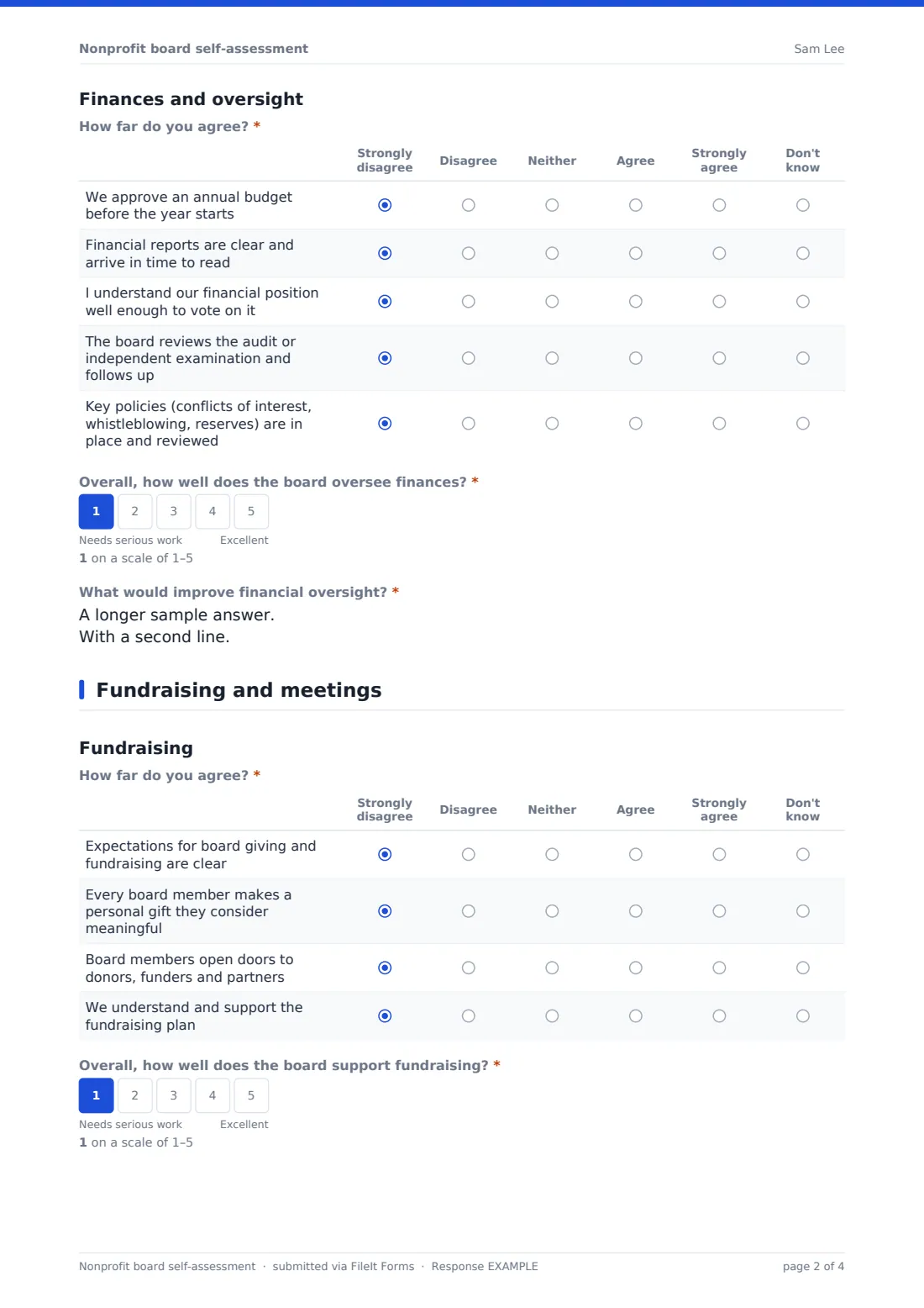 Nonprofit board self-assessment — example response PDF, page 2 of 4