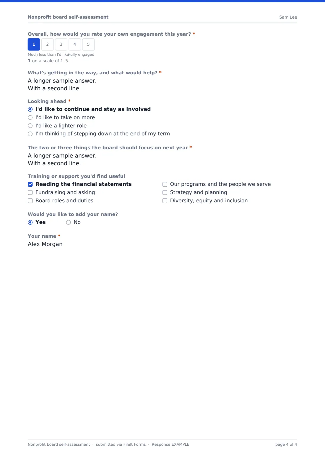 Nonprofit board self-assessment — example response PDF, page 4 of 4