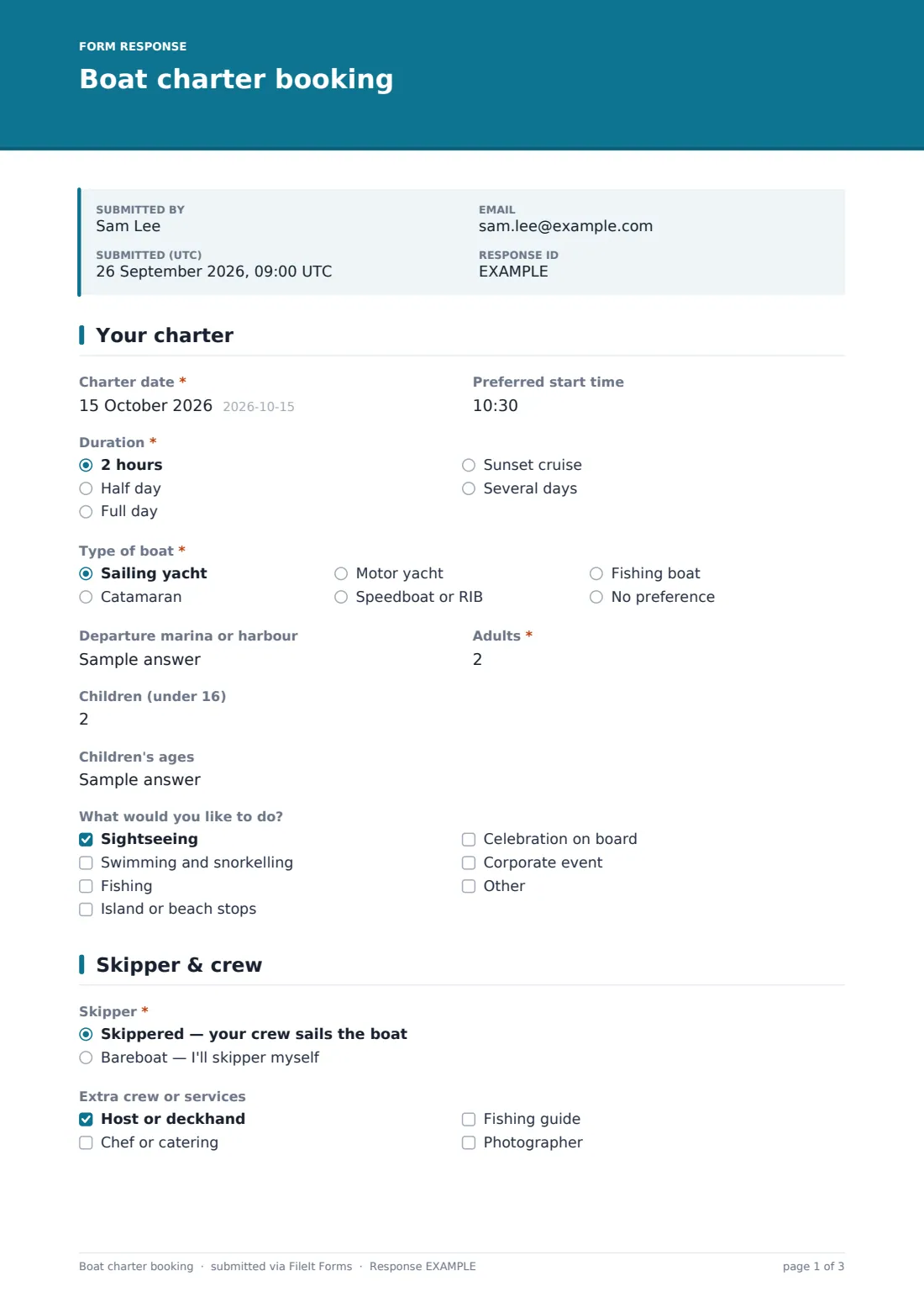 Boat charter booking — example response PDF, page 1 of 3