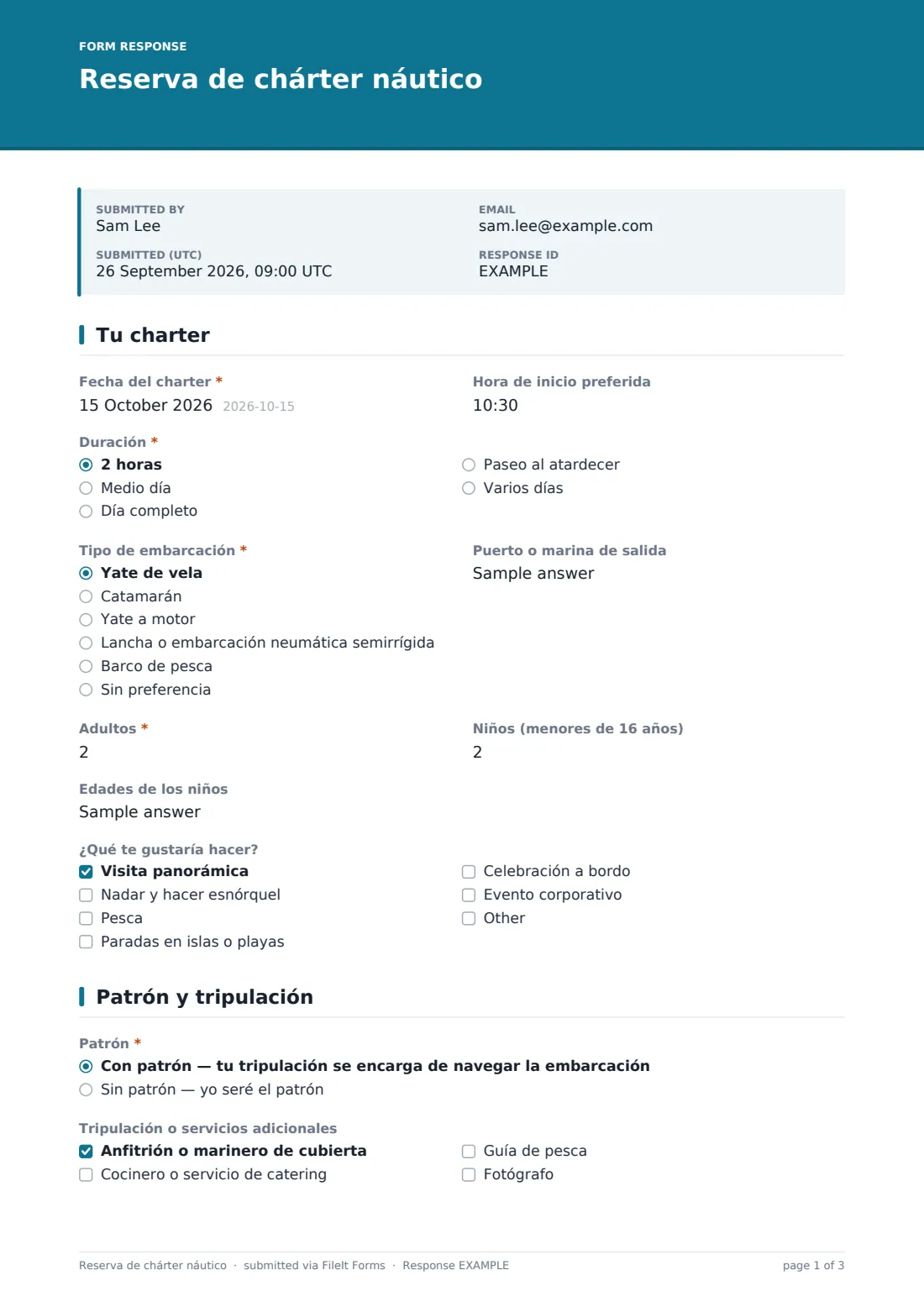 Reserva de chárter náutico — PDF de respuesta de ejemplo, página 1 de 3