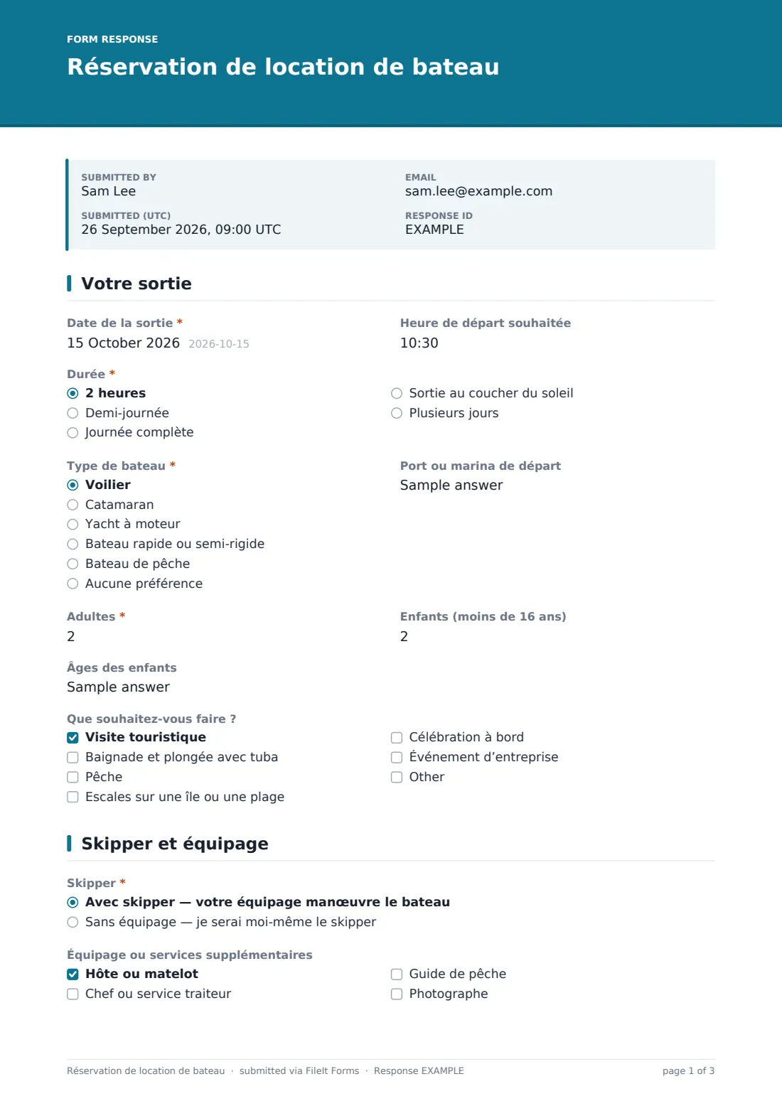 Réservation de location de bateau — exemple de réponse au format PDF, page 1 sur 3