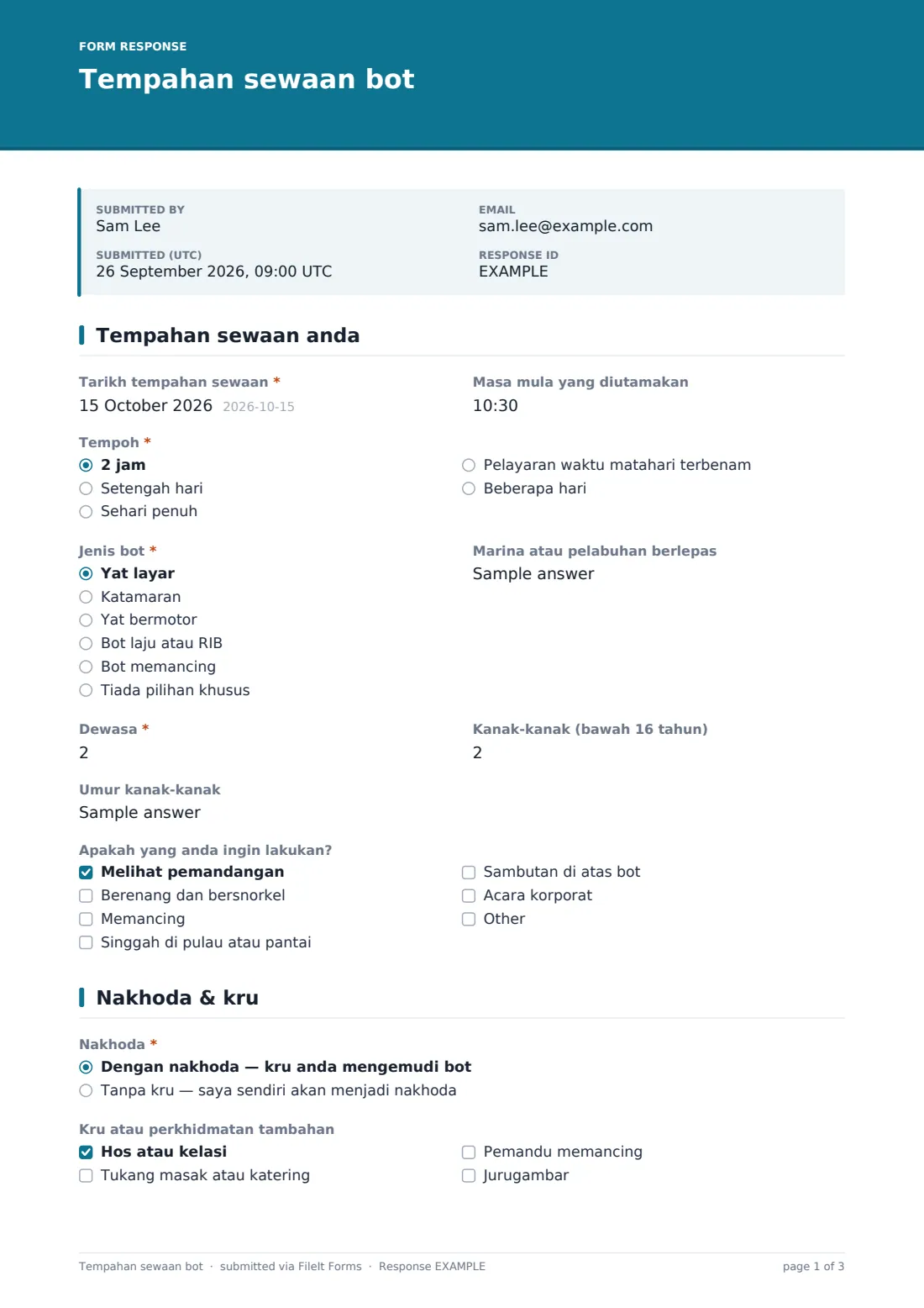 Tempahan sewaan bot — PDF respons contoh, halaman 1 daripada 3