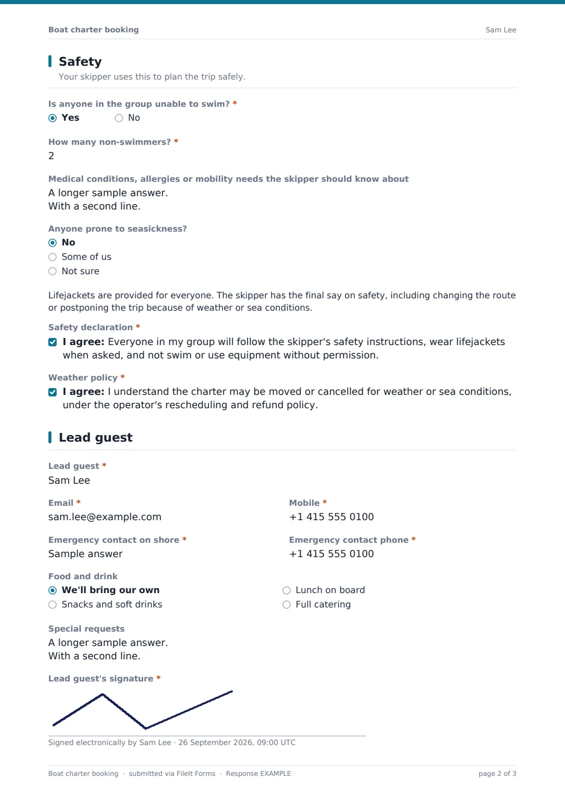 Boat charter booking — example response PDF, page 2 of 3