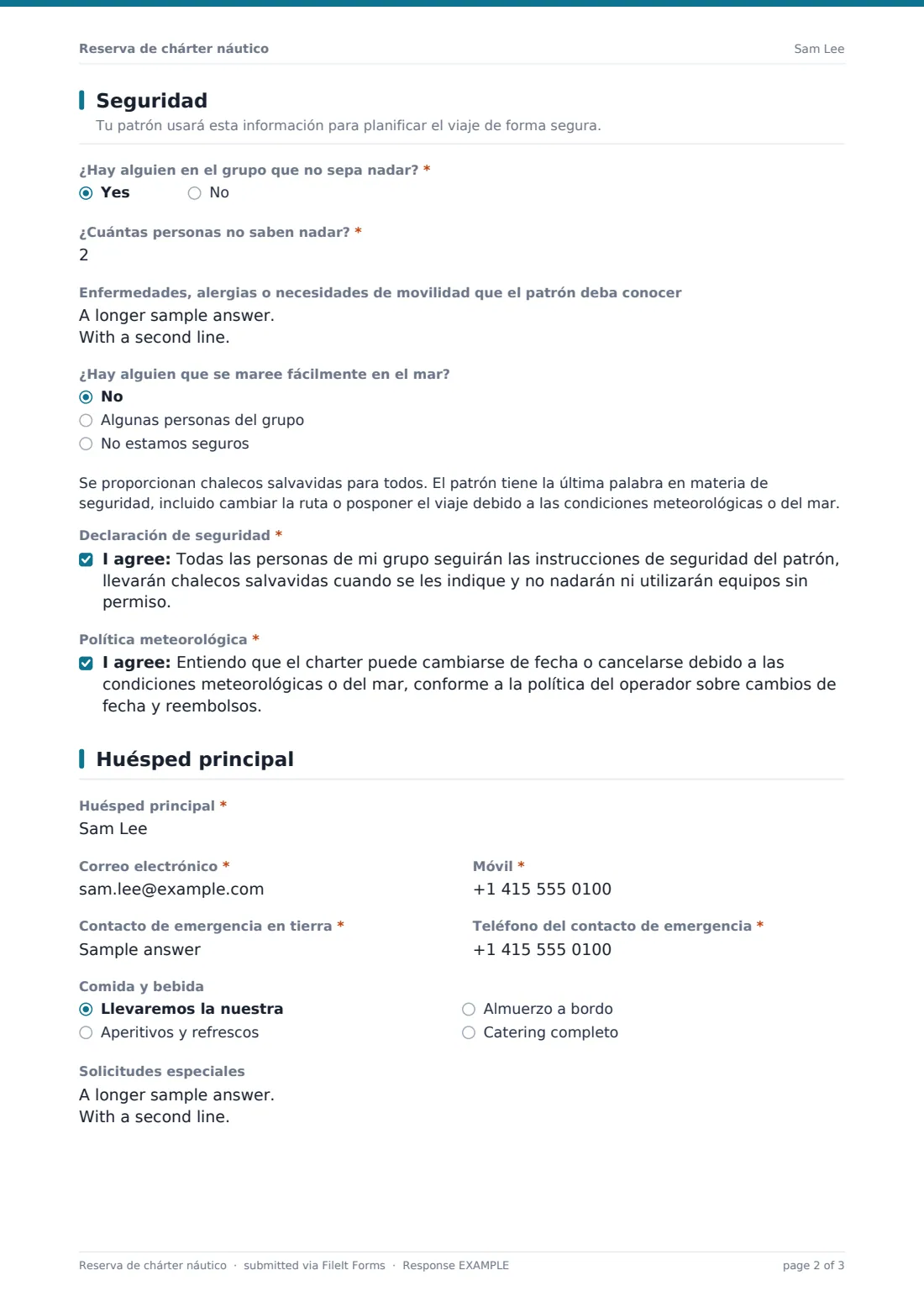 Reserva de chárter náutico — PDF de respuesta de ejemplo, página 2 de 3
