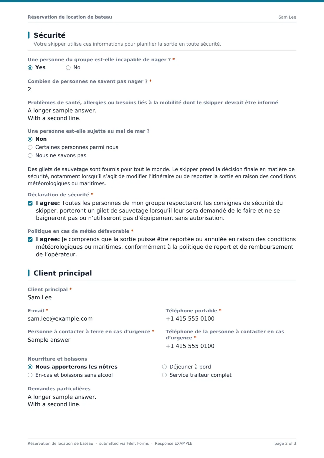 Réservation de location de bateau — exemple de réponse au format PDF, page 2 sur 3