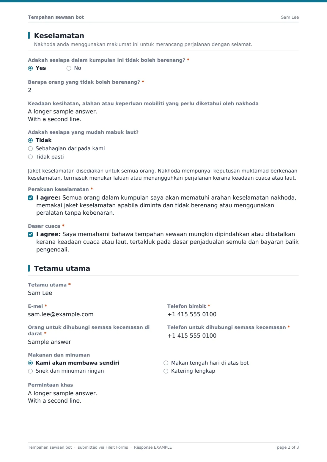 Tempahan sewaan bot — PDF respons contoh, halaman 2 daripada 3