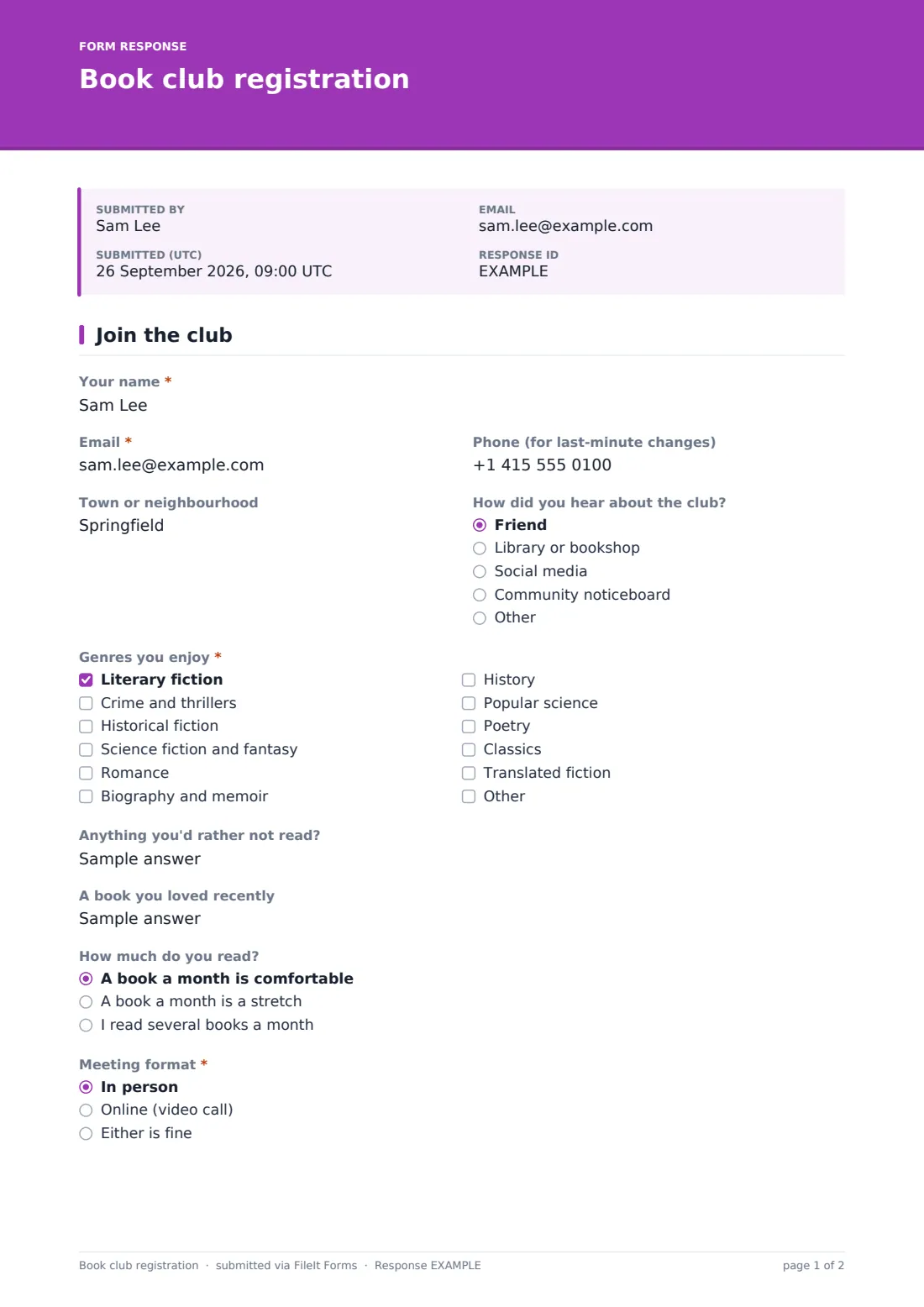 Book club registration — example response PDF, page 1 of 2