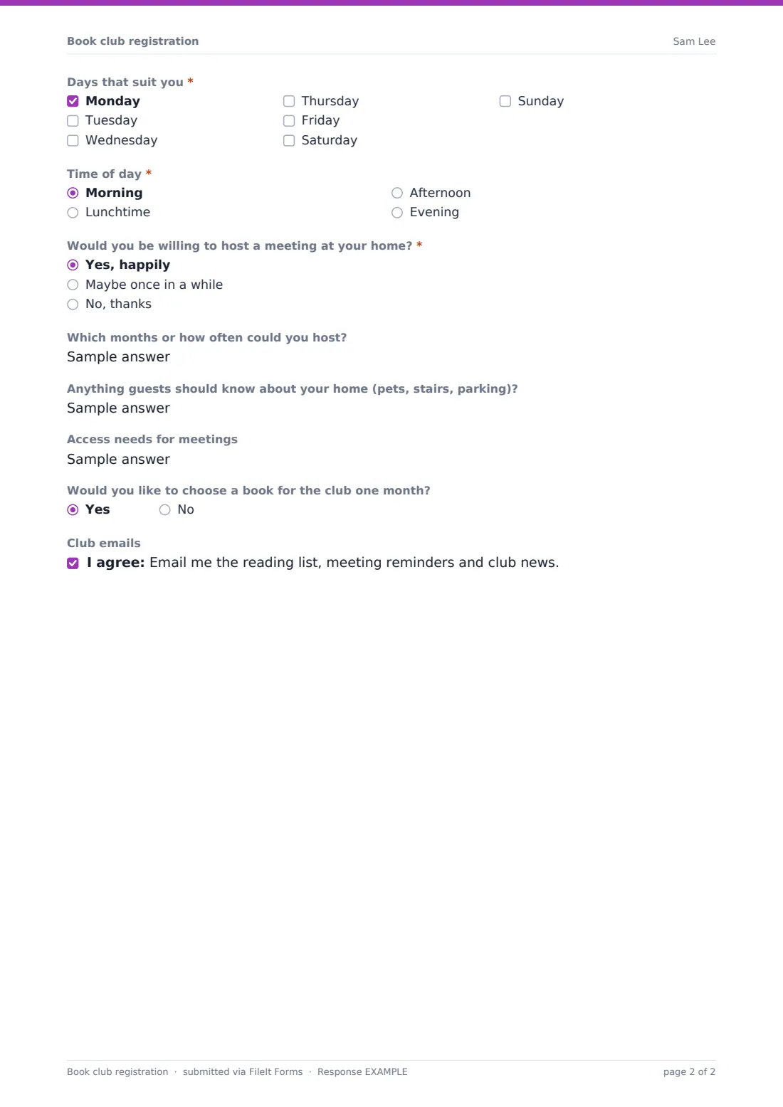 Book club registration — example response PDF, page 2 of 2