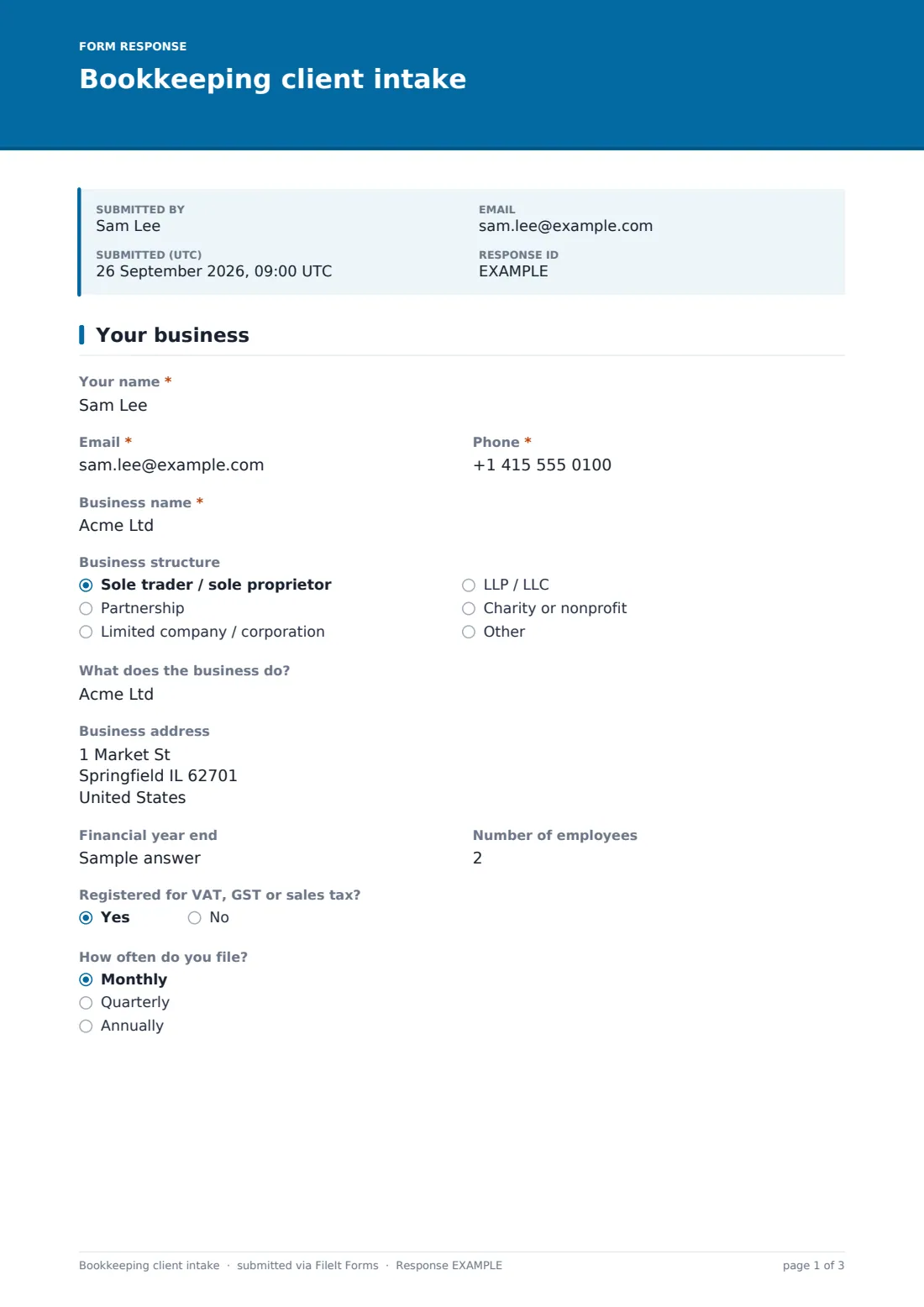 Bookkeeping client intake — example response PDF, page 1 of 3