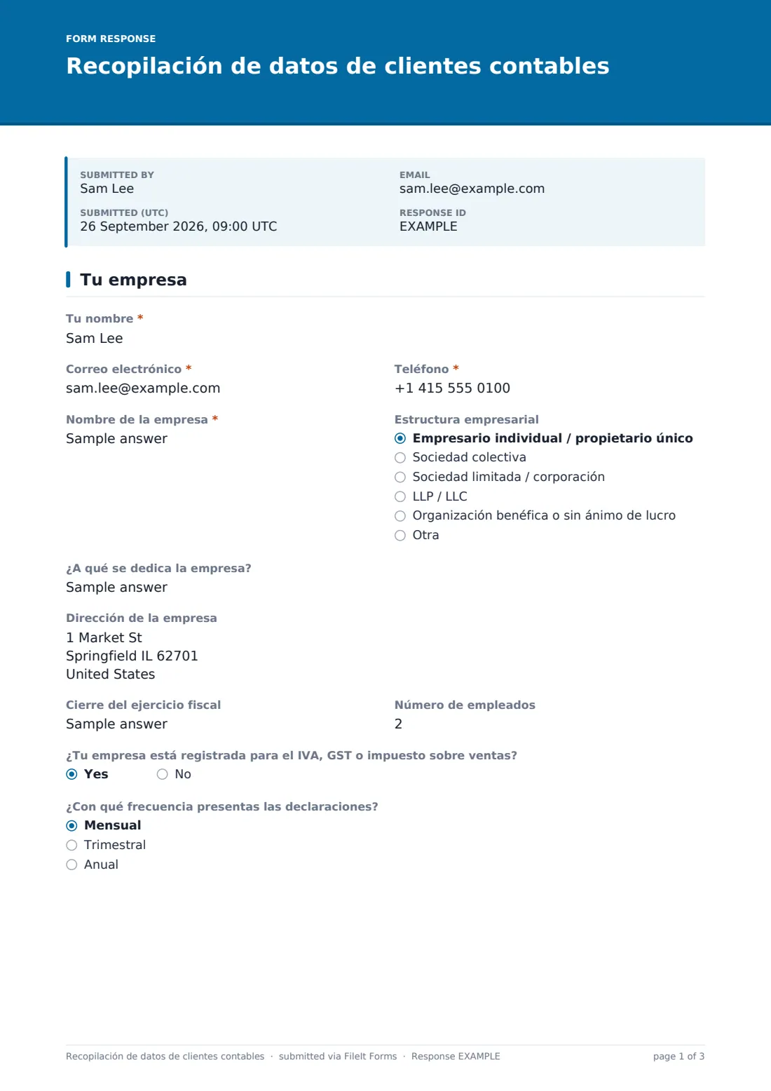 Recopilación de datos de clientes contables — PDF de respuesta de ejemplo, página 1 de 3