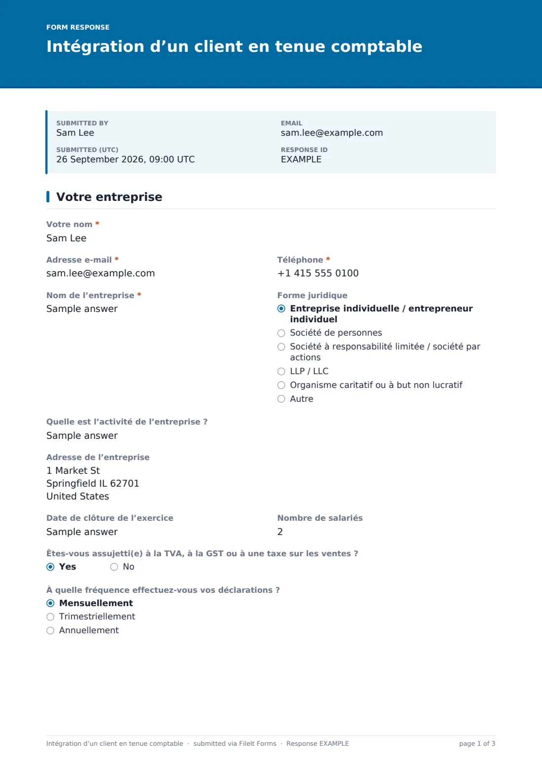 Intégration d’un client en tenue comptable — exemple de réponse au format PDF, page 1 sur 3