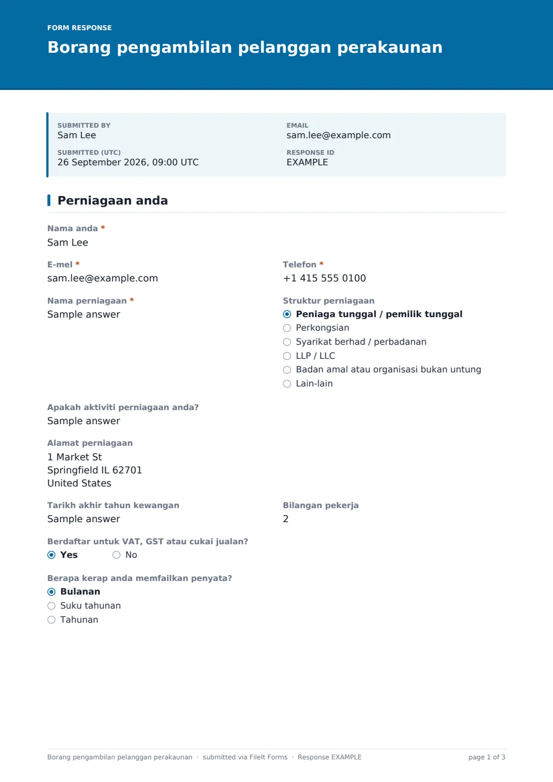 Borang pengambilan pelanggan perakaunan — PDF respons contoh, halaman 1 daripada 3