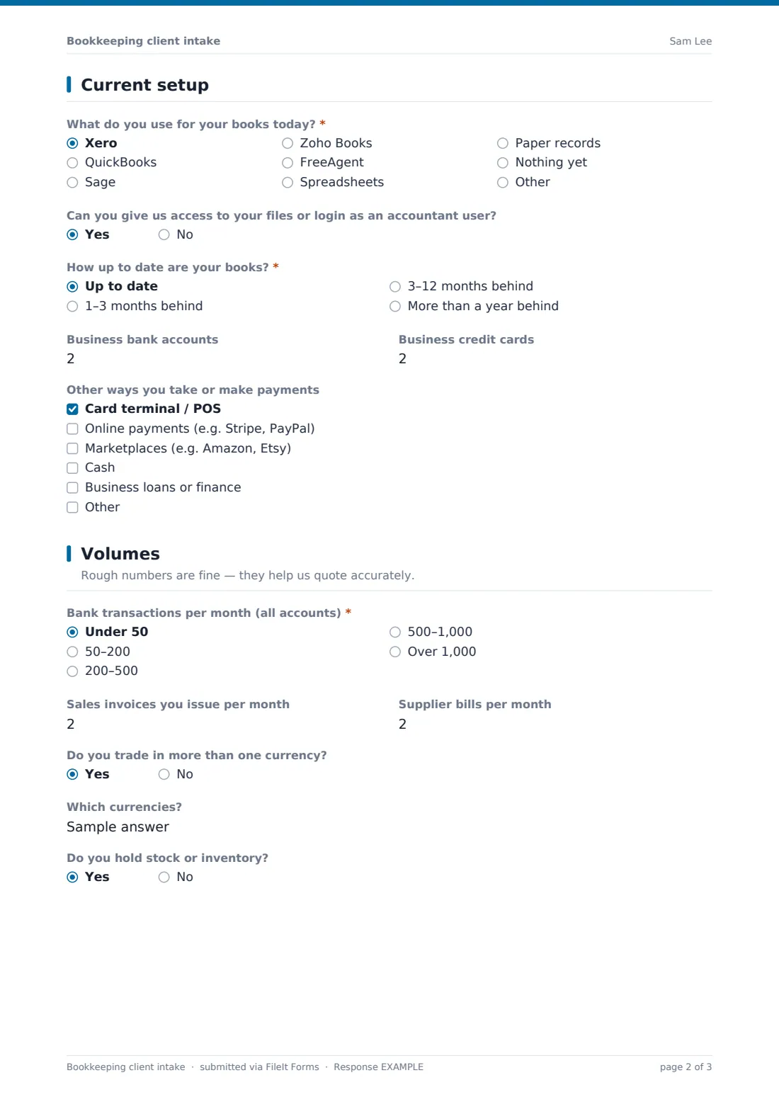 Bookkeeping client intake — example response PDF, page 2 of 3