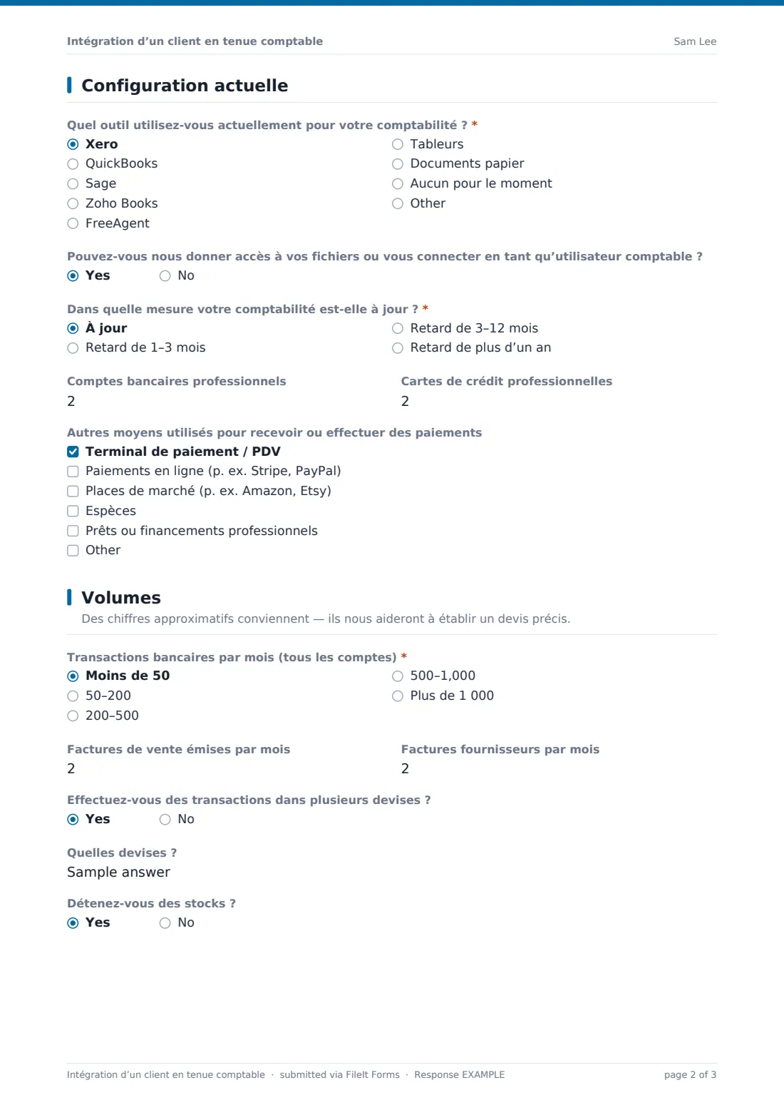 Intégration d’un client en tenue comptable — exemple de réponse au format PDF, page 2 sur 3