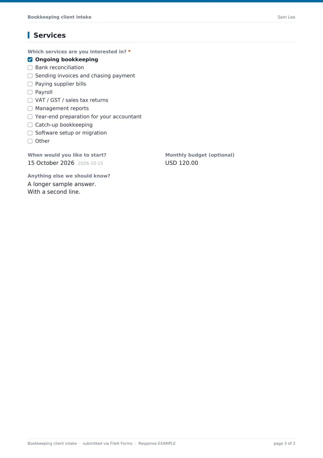 Bookkeeping client intake — example response PDF, page 3 of 3