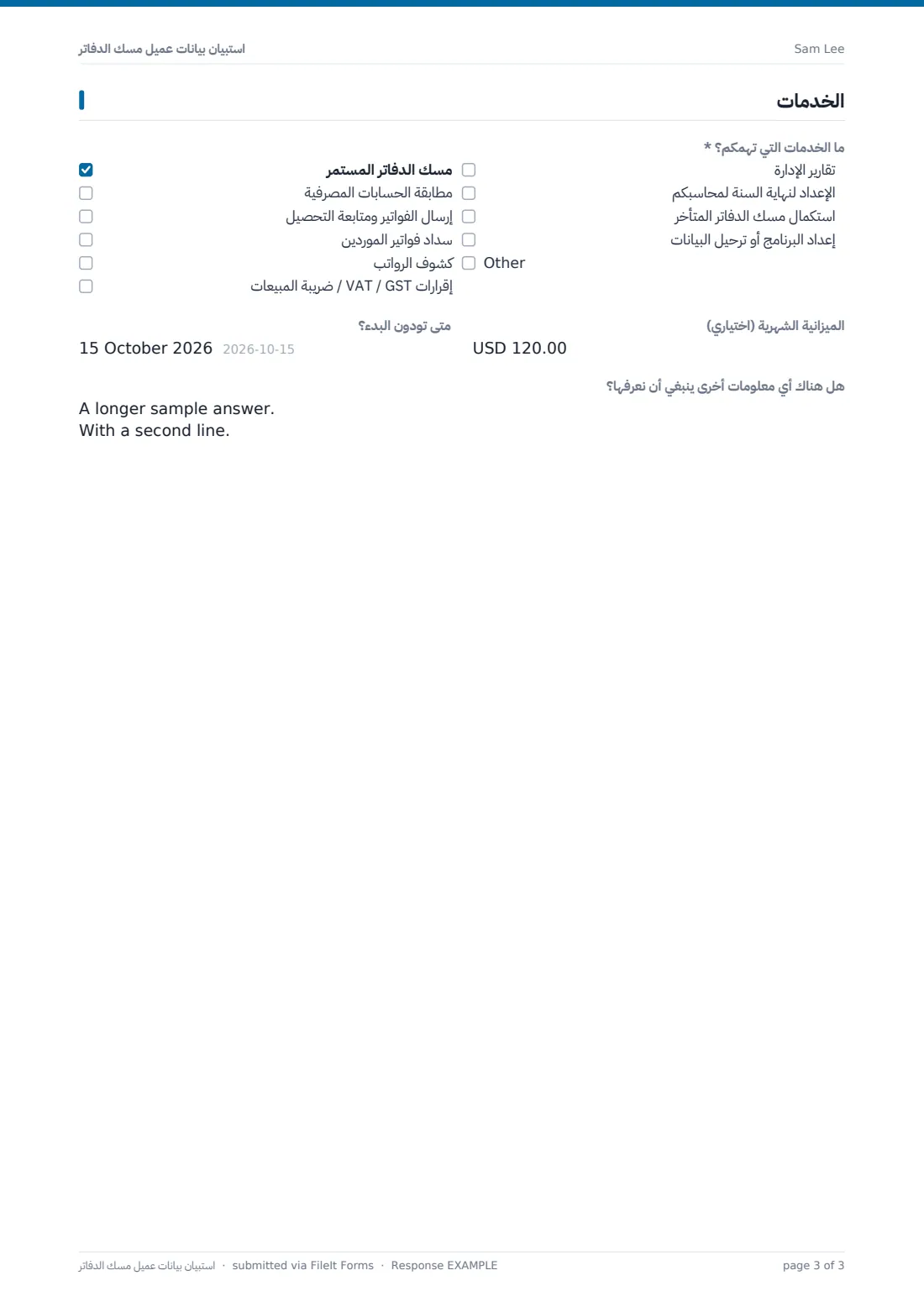 استبيان بيانات عميل مسك الدفاتر — ملف PDF لرد نموذجي، الصفحة 3 من 3