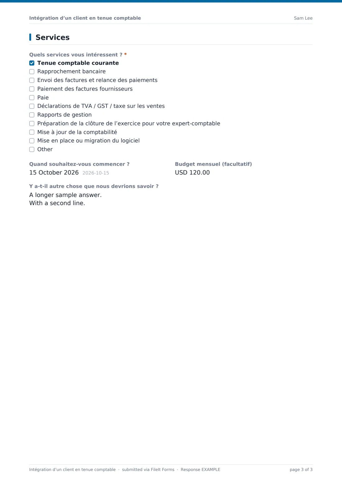 Intégration d’un client en tenue comptable — exemple de réponse au format PDF, page 3 sur 3