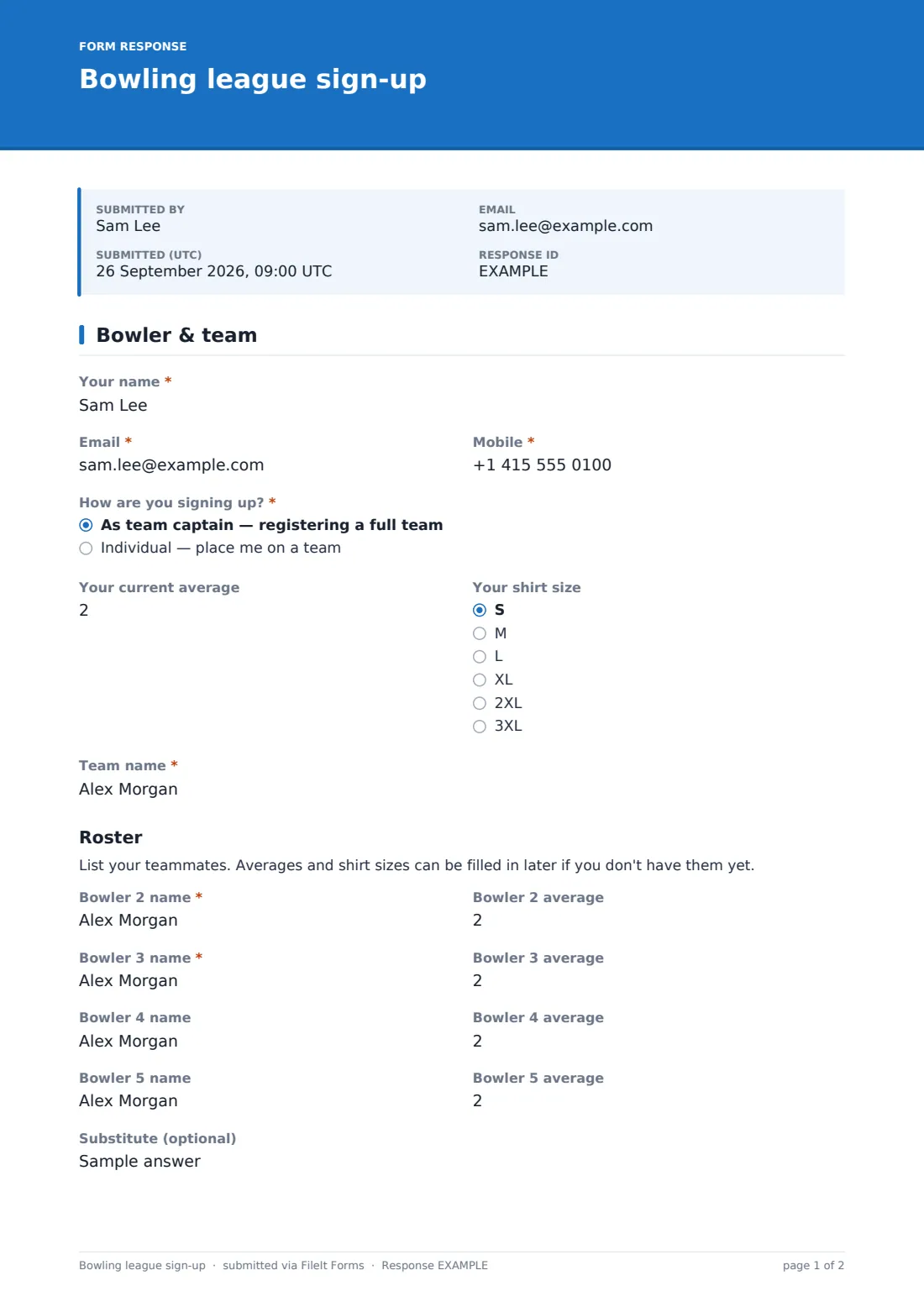 Bowling league sign-up — example response PDF, page 1 of 2