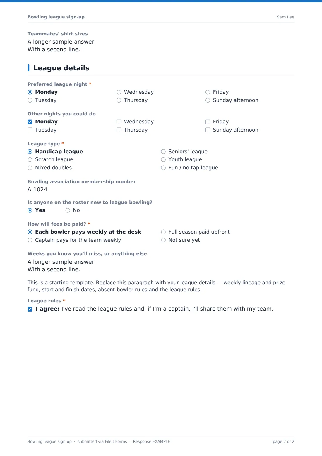 Bowling league sign-up — example response PDF, page 2 of 2