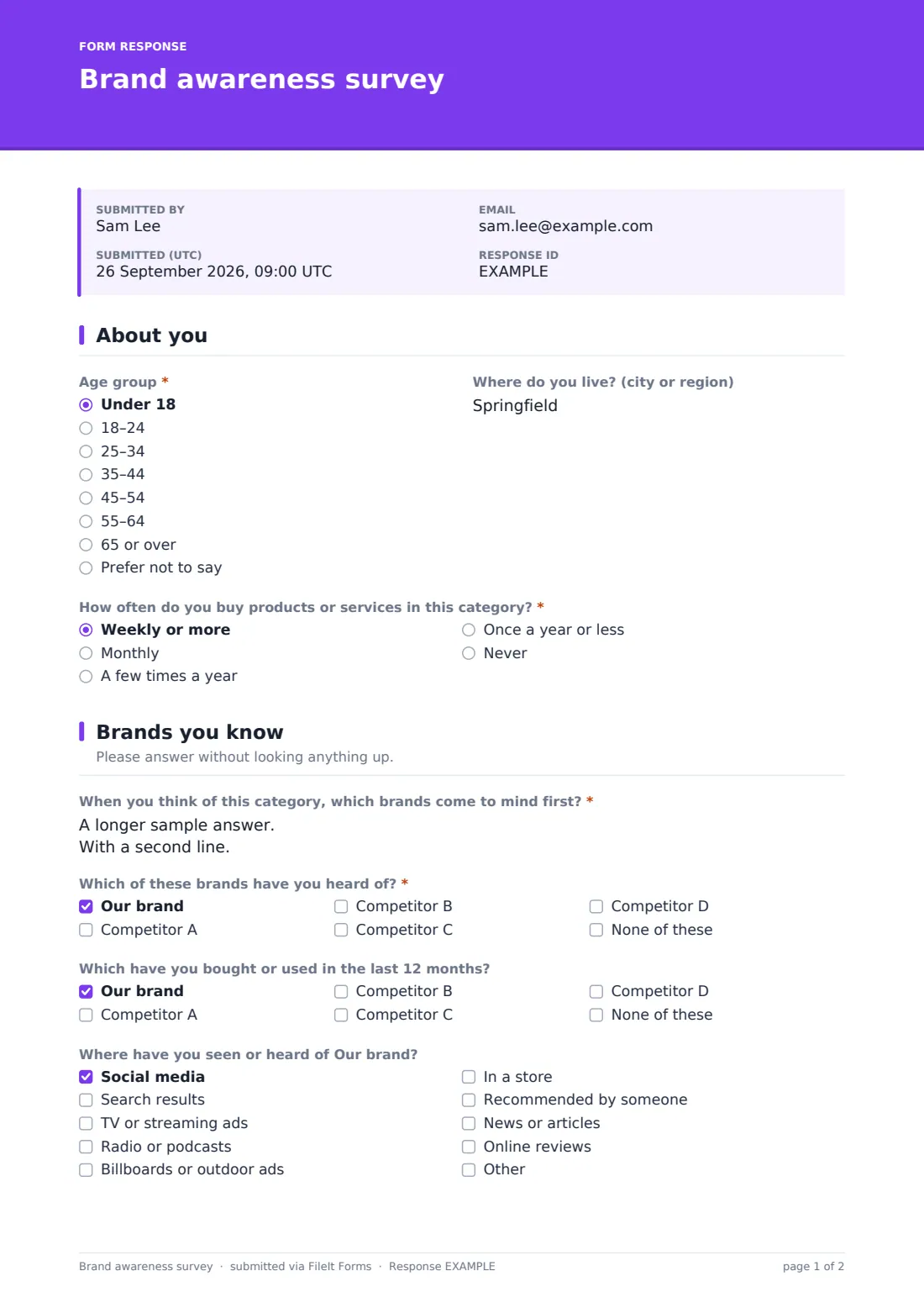 Brand awareness survey — example response PDF, page 1 of 2