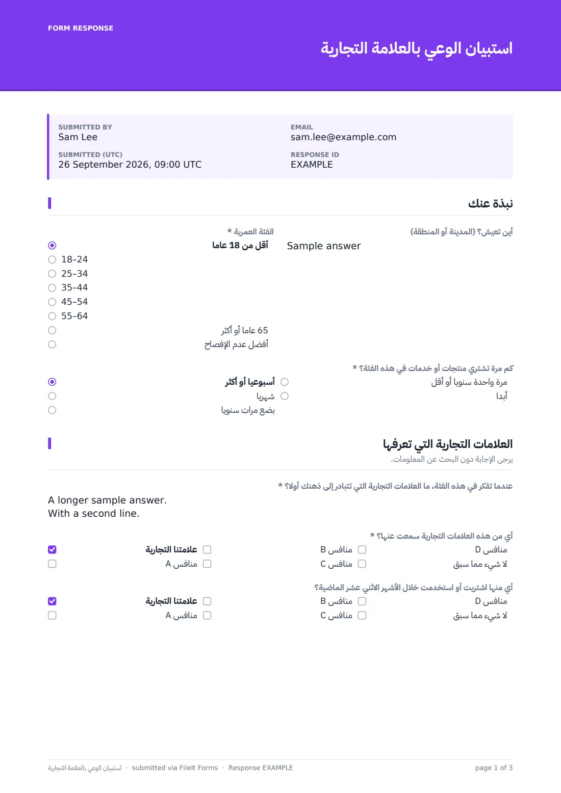 استبيان الوعي بالعلامة التجارية — ملف PDF لرد نموذجي، الصفحة 1 من 3