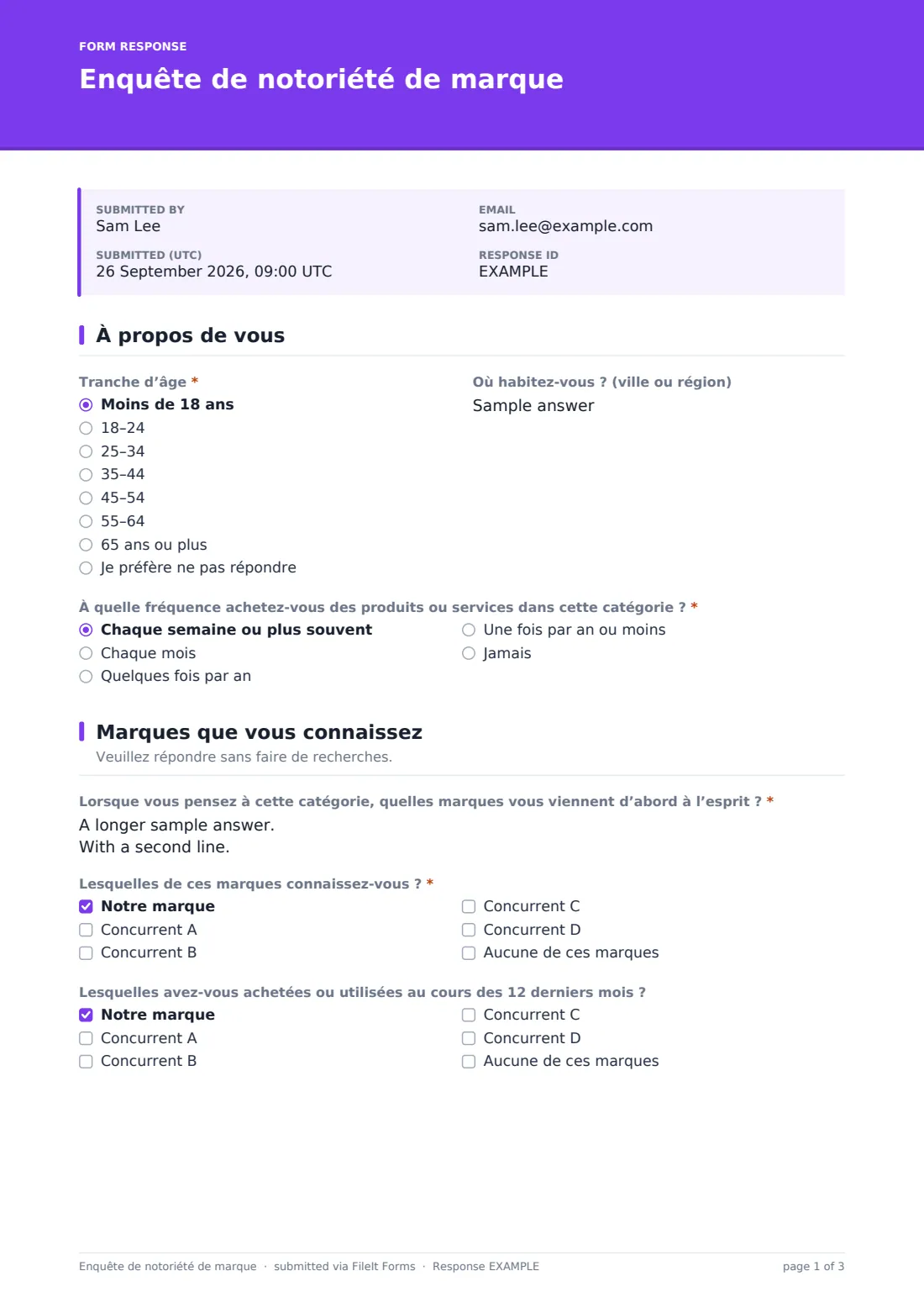 Enquête de notoriété de marque — exemple de réponse au format PDF, page 1 sur 3