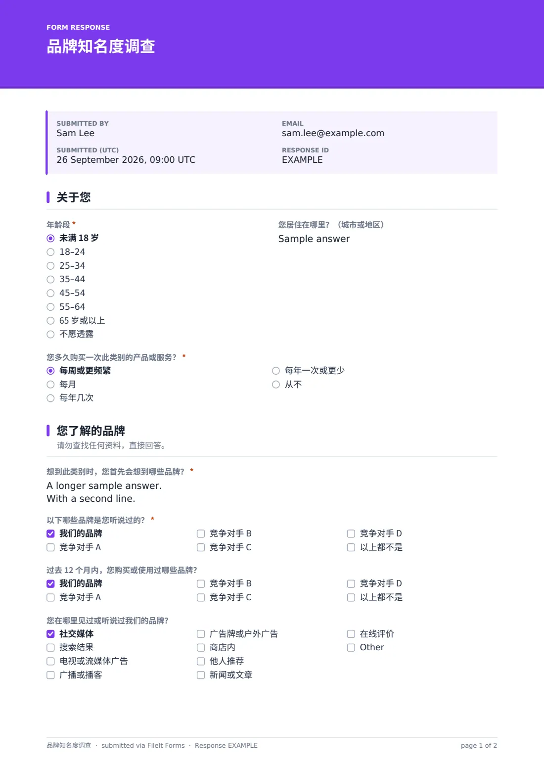 品牌知名度调查 — 示例回复 PDF，第 1 页，共 2 页