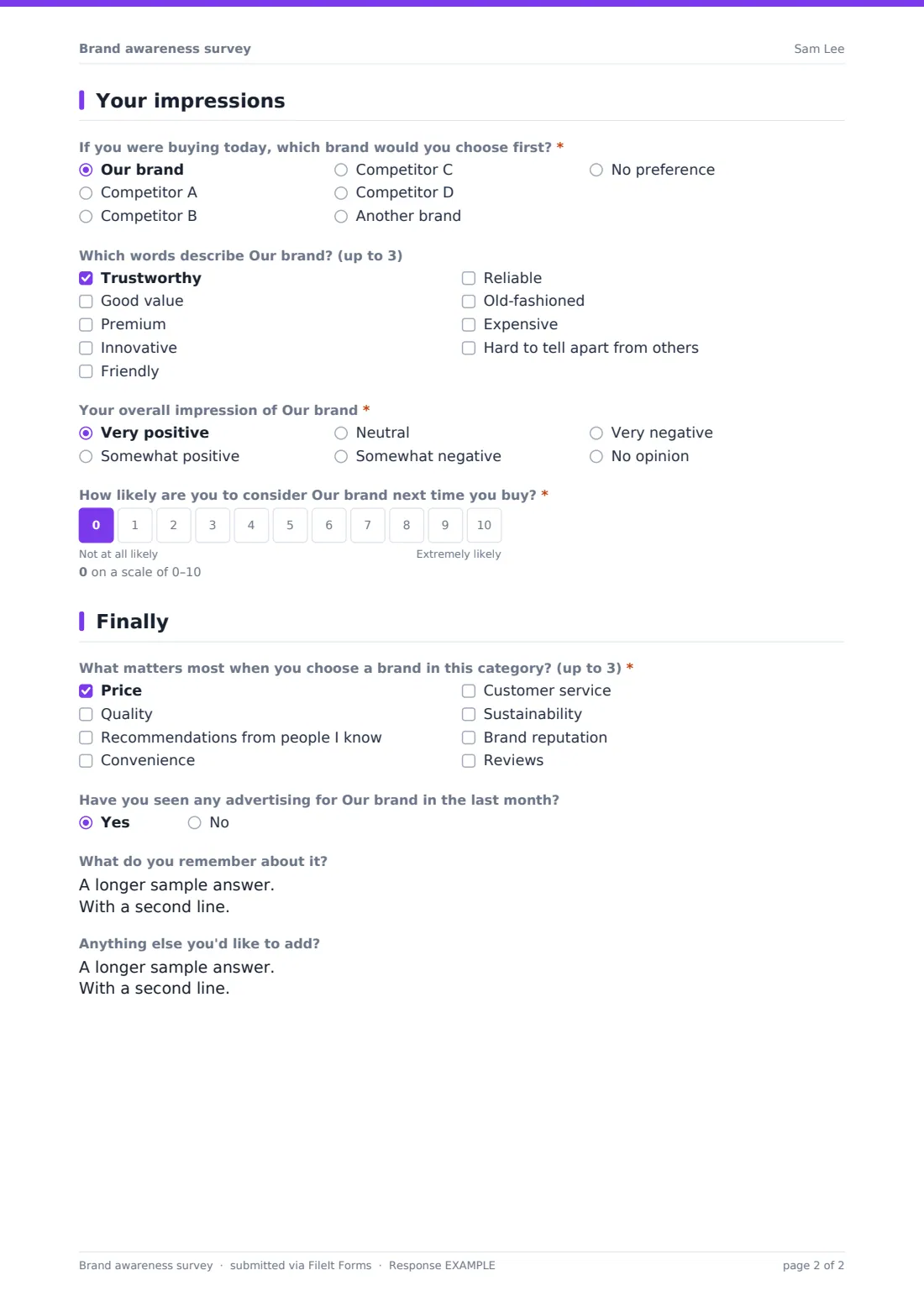Brand awareness survey — example response PDF, page 2 of 2