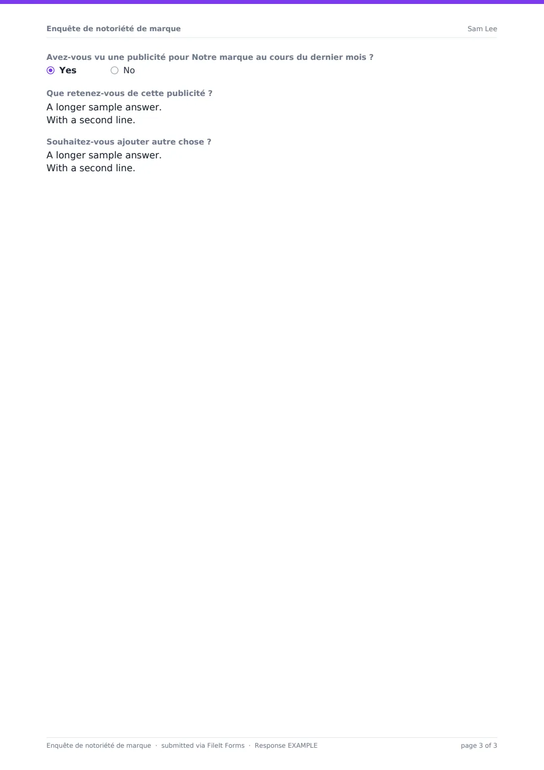 Enquête de notoriété de marque — exemple de réponse au format PDF, page 3 sur 3