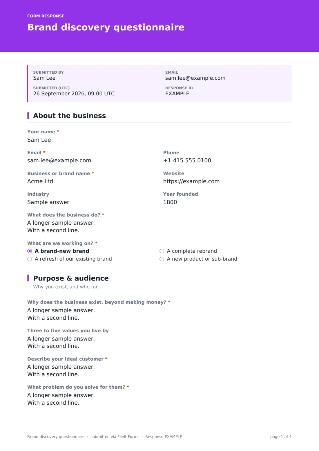 Brand discovery questionnaire — example response PDF, page 1 of 4