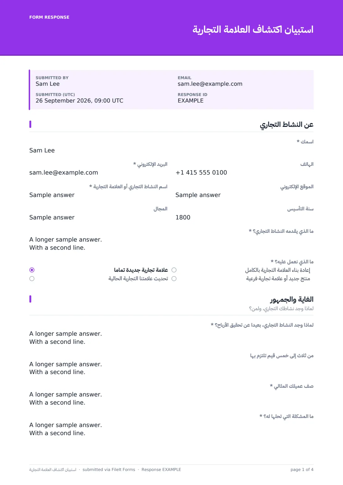 استبيان اكتشاف العلامة التجارية — ملف PDF لرد نموذجي، الصفحة 1 من 4