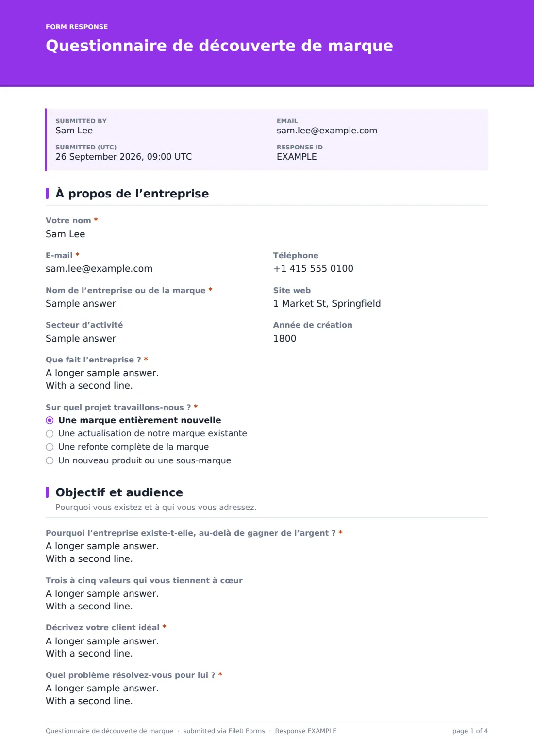 Questionnaire de découverte de marque — exemple de réponse au format PDF, page 1 sur 4
